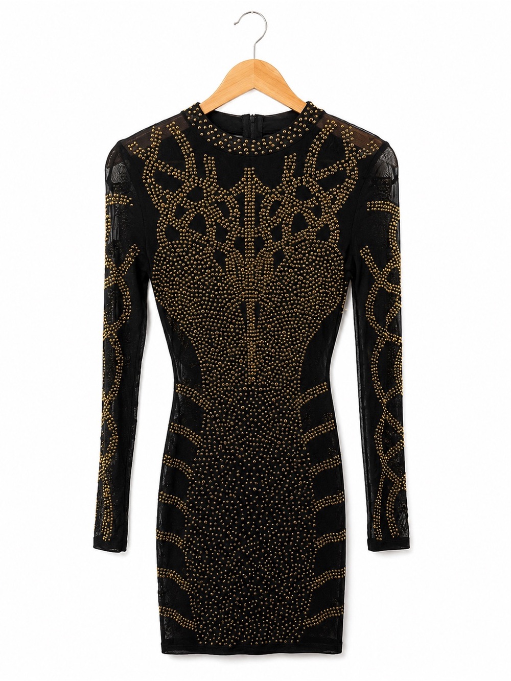 Banjul Black Gold Studded Bodycon Mini Dress w/ Shorts Mesh Long Sleeve Small
